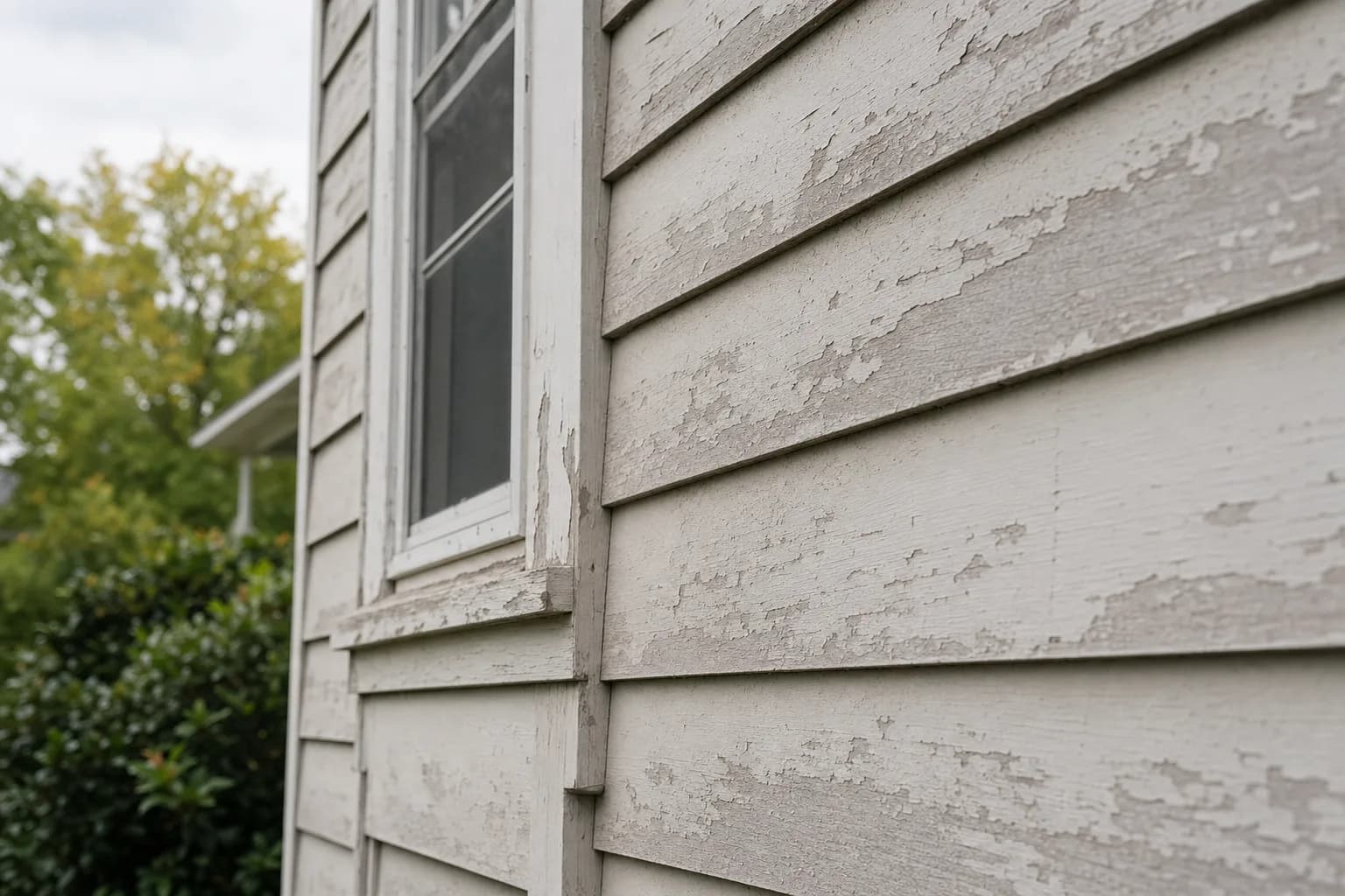 Close-up of weathered, faded and peeling exterior house paint