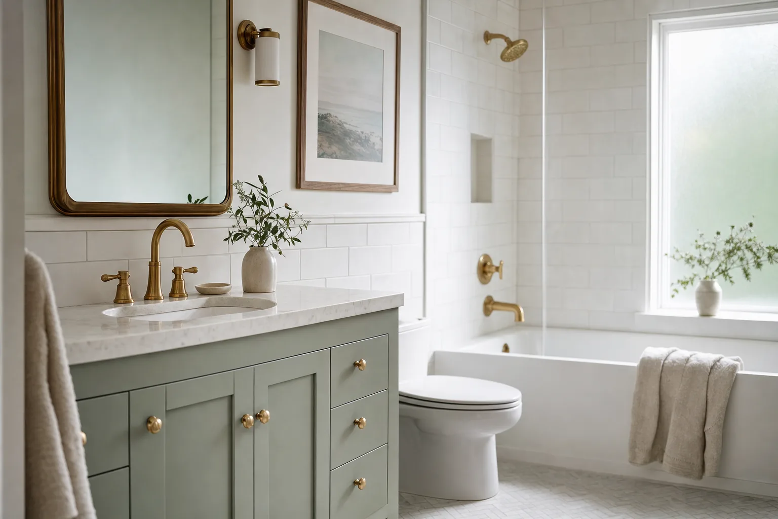 Serene modern bathroom with a soft sage-green vanity and white tile