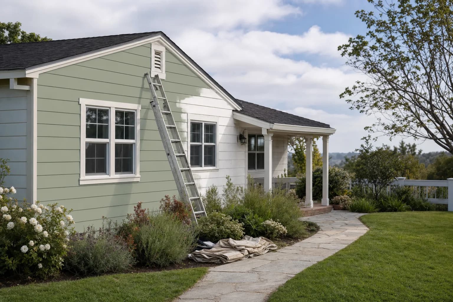 Cottage-style home exterior partway through a sage-green repaint