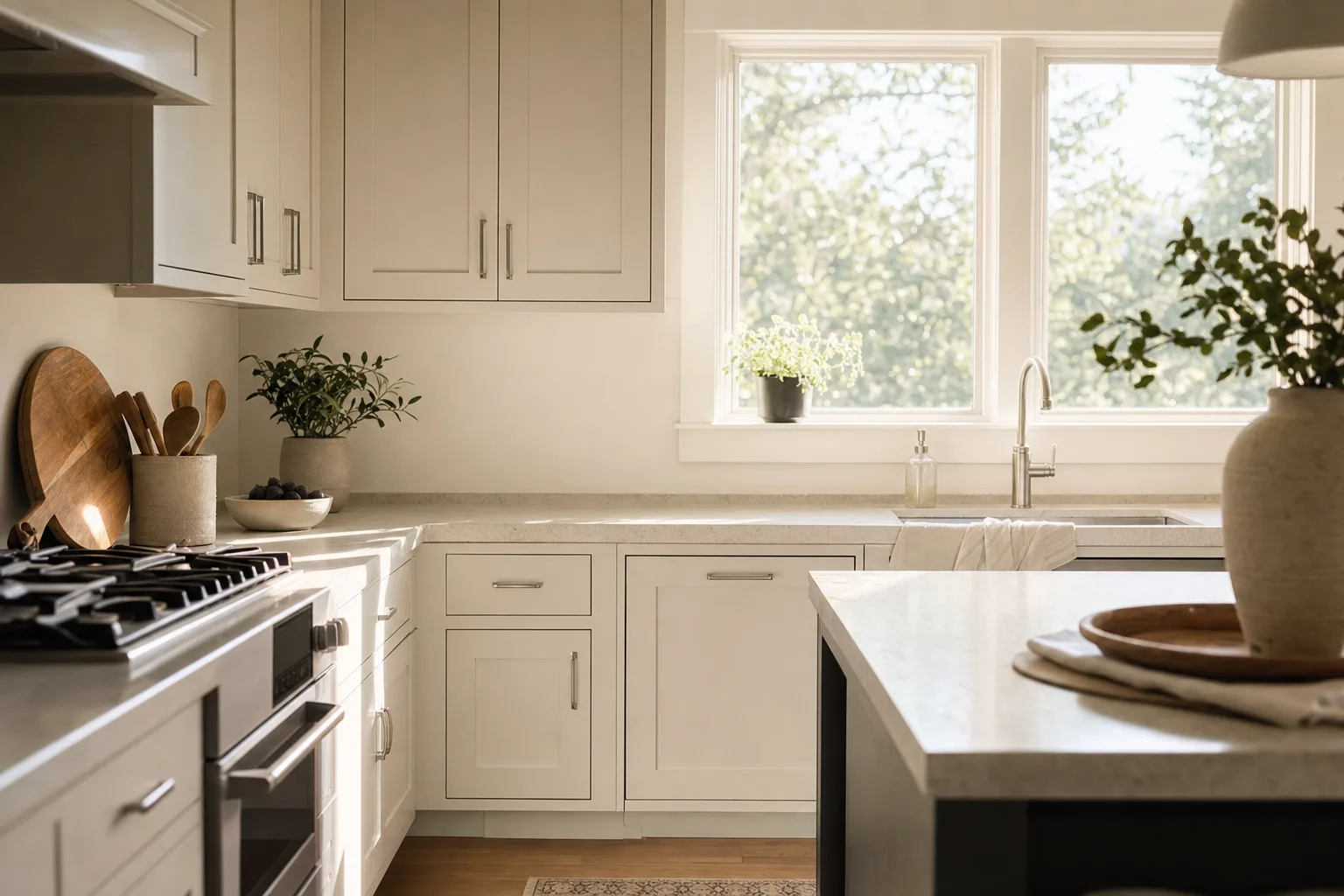 Freshly painted off-white shaker kitchen cabinets in a bright kitchen