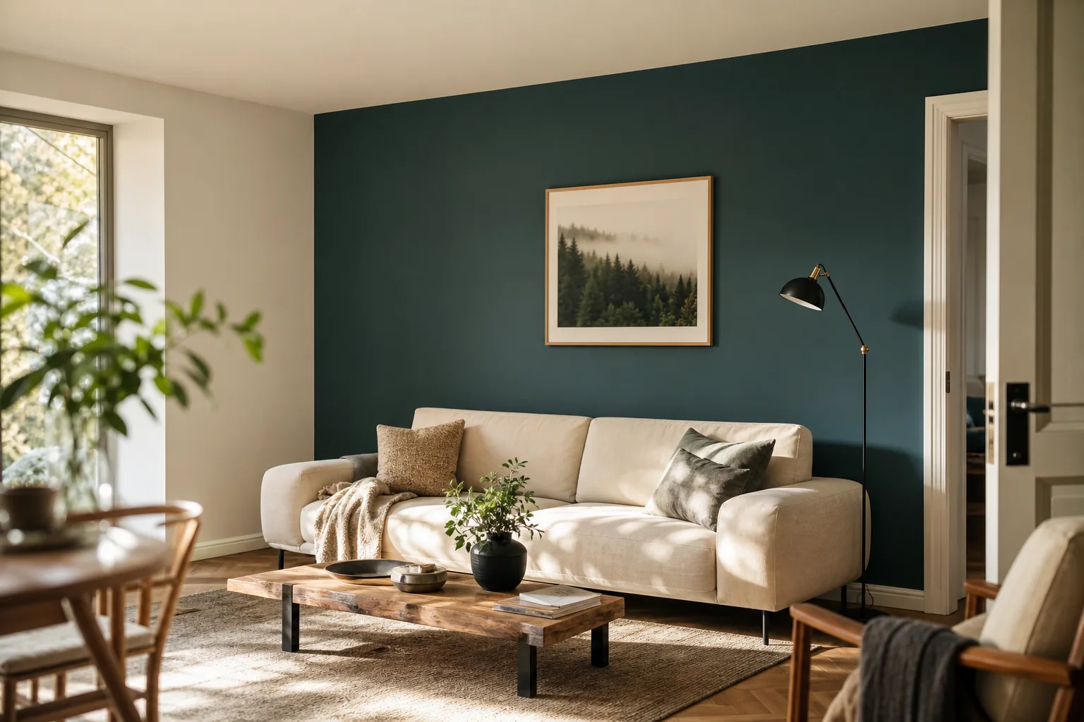 Living room with a single deep blue-green accent wall behind the sofa and off-white walls elsewhere