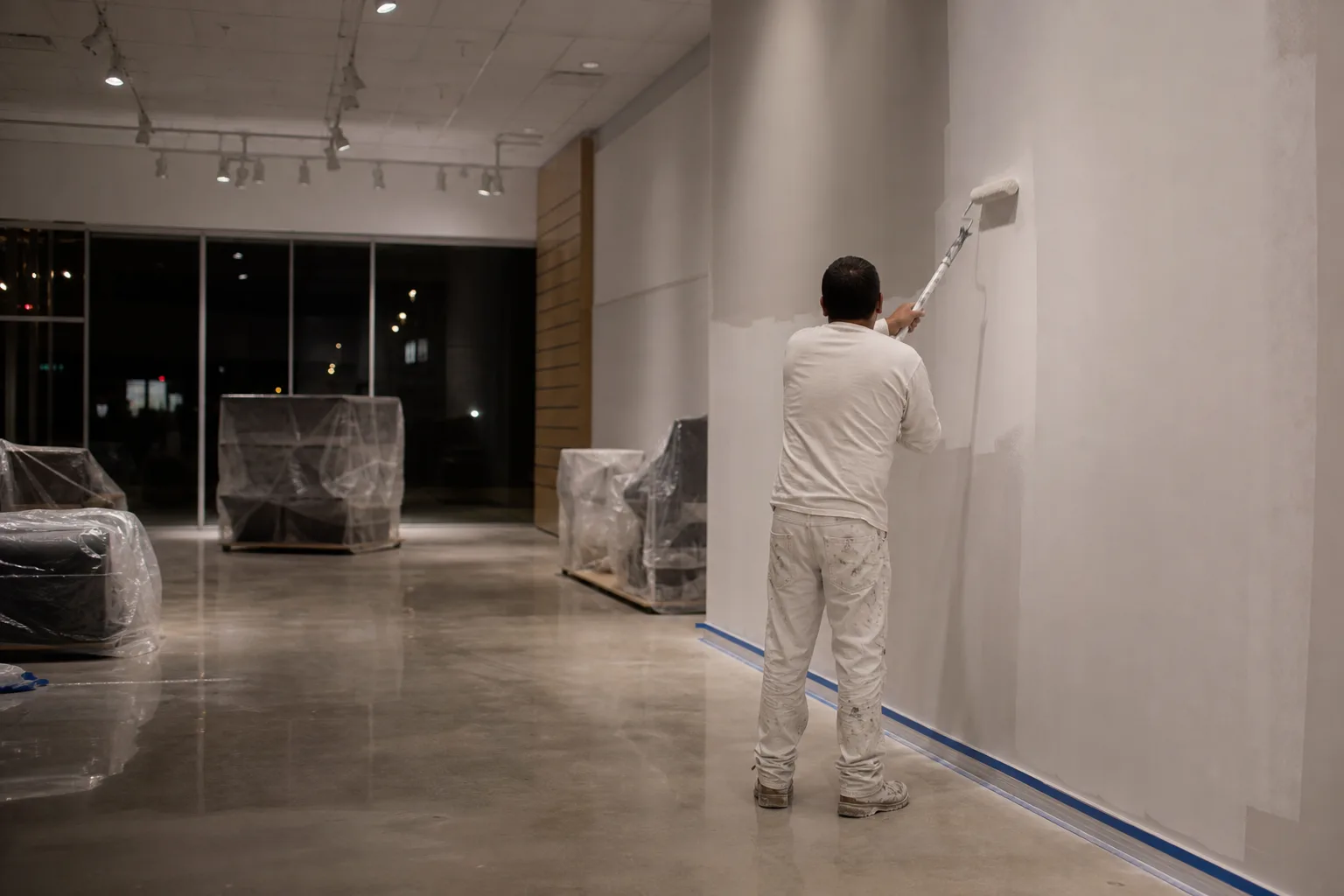 After-hours commercial painting in an empty Gulf Coast retail space at night with fixtures wrapped