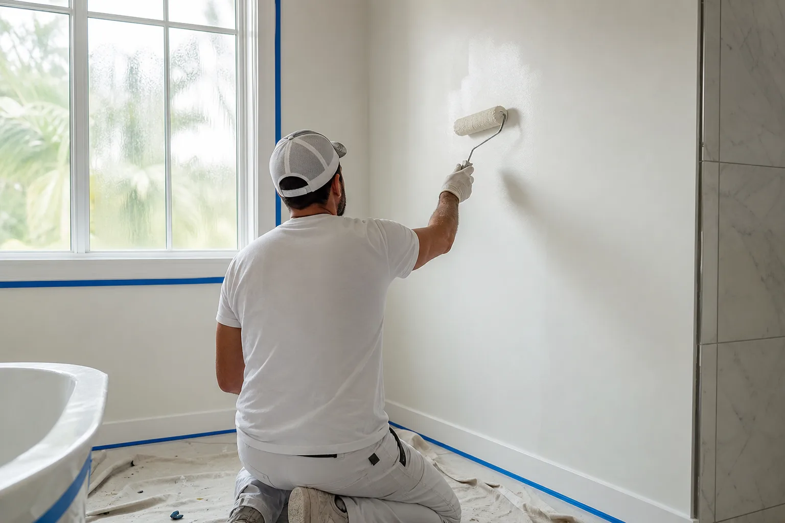Painter rolling mildew-resistant satin paint onto a humid Gulf Coast bathroom wall