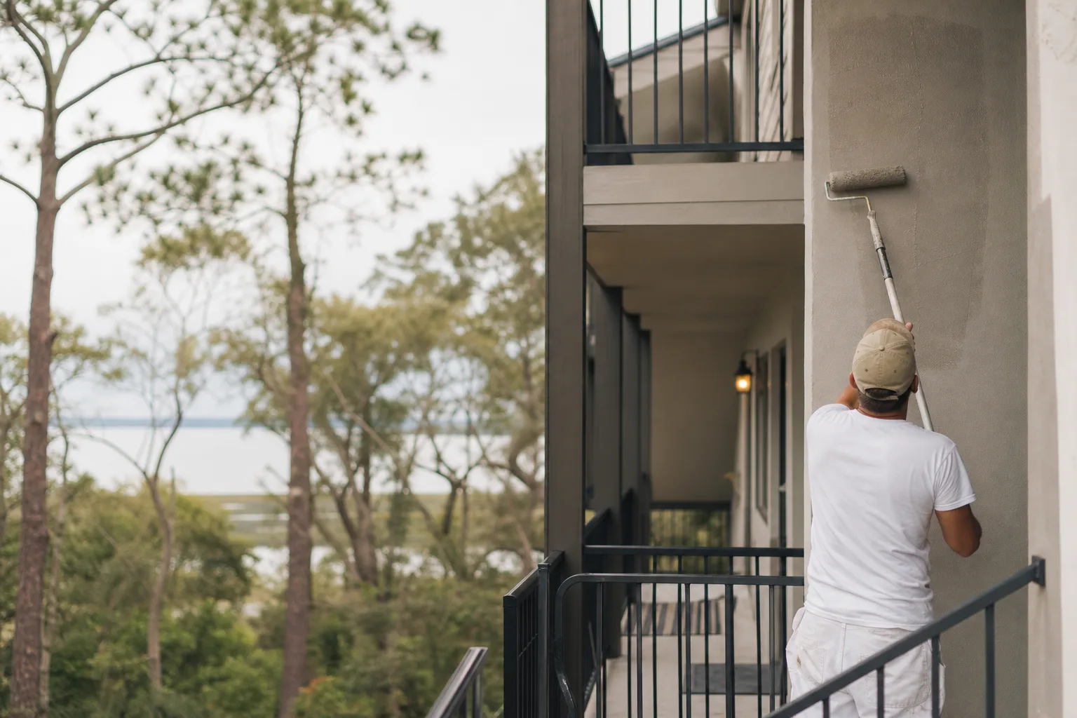 Painter refreshing an apartment complex breezeway and railings in Mobile, Alabama
