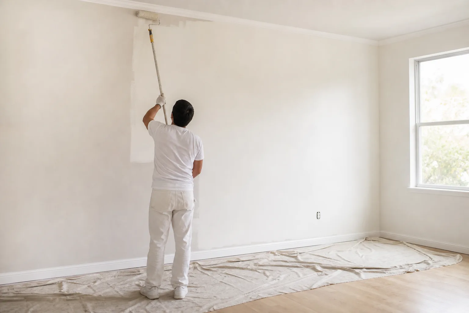 Painter rolling fresh wall paint in an empty apartment unit during turnover