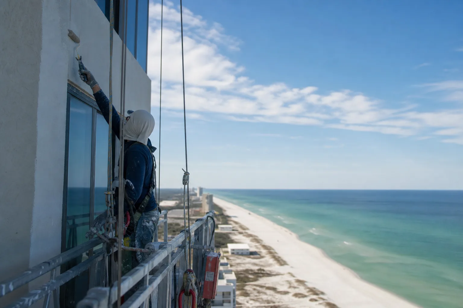 Beachfront high-rise condo tower being repainted from a swing stage in Gulf Shores, Alabama