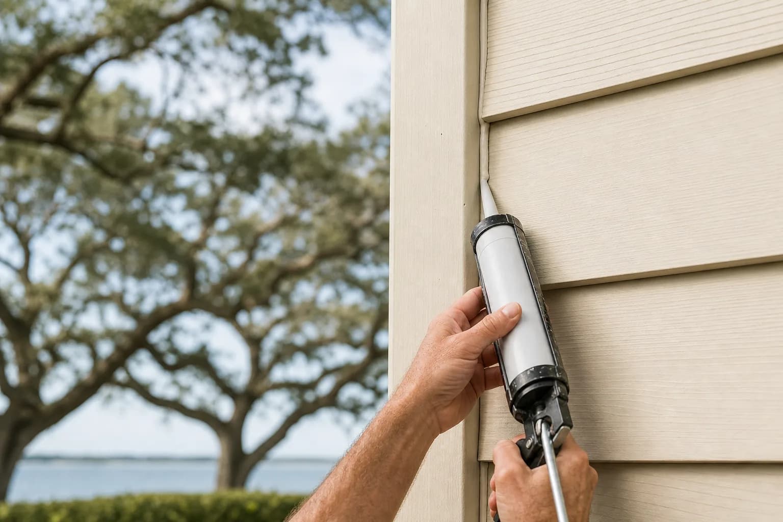 Painter applying a smooth bead of exterior caulk along a trim joint before painting