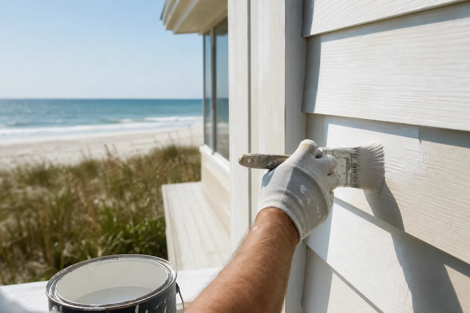 Painter applying a low-luster coastal exterior finish to a Gulf-front beach home in Gulf Shores, illustrating the best exterior paint for a beach house
