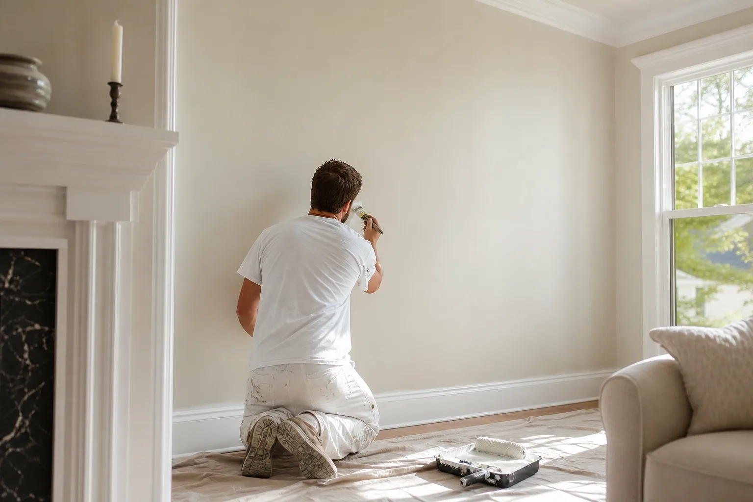 Painter applying interior wall paint next to white trim, showing the difference between eggshell wall sheen and semi-gloss trim sheen