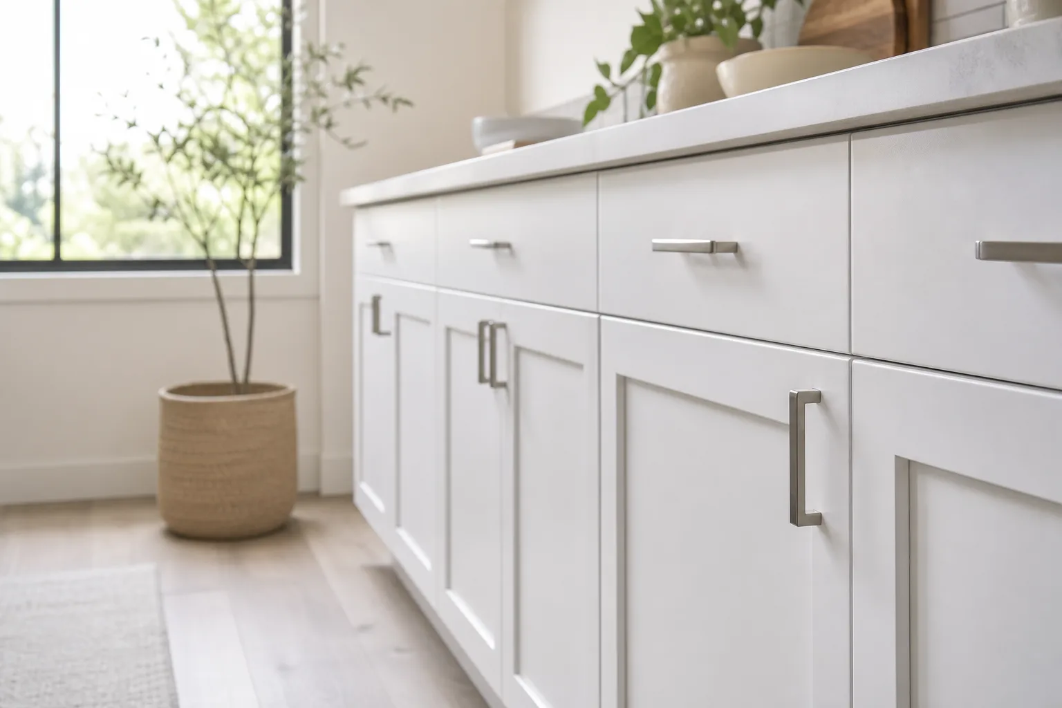 Smooth white painted kitchen cabinets finished in a hard cabinet-grade enamel