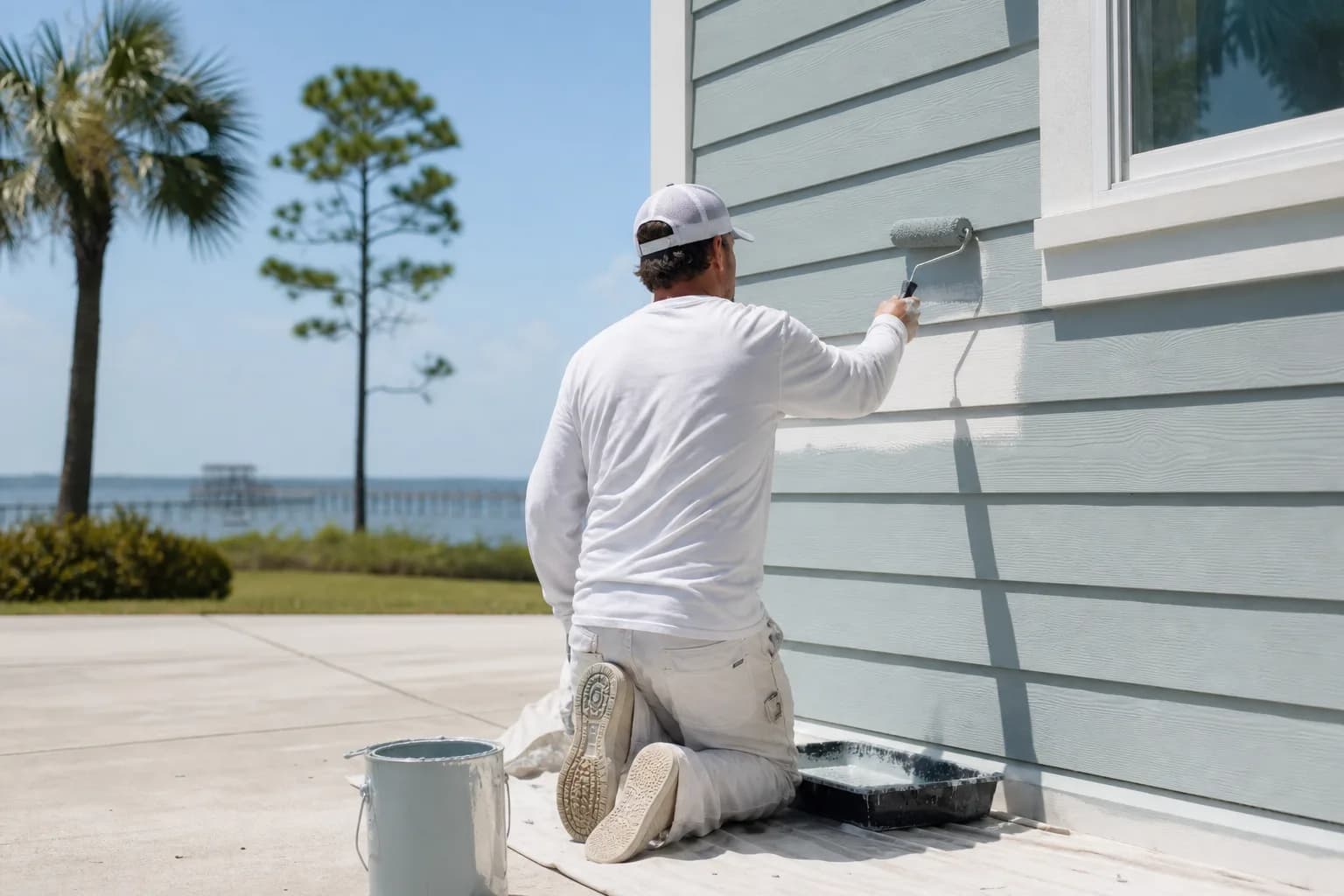 Painter applying a quality exterior acrylic coating to coastal home siding, illustrating the best exterior paint for Gulf Coast homes