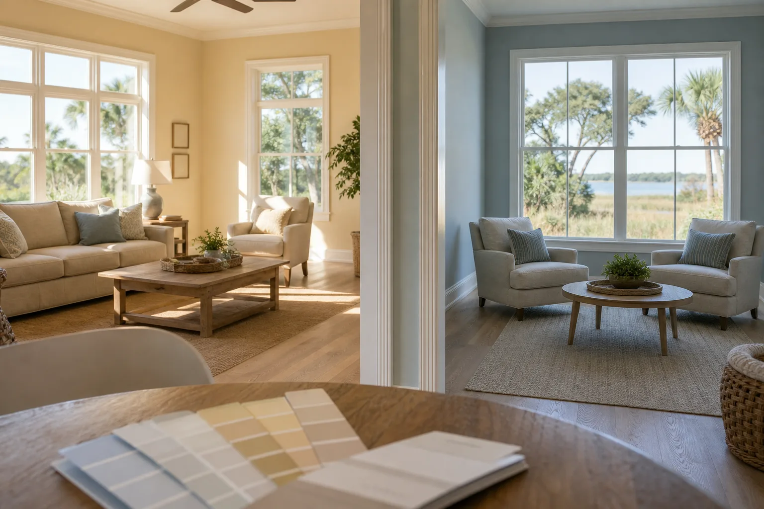 A bright south-facing room and a cool north-facing room in the same home, showing how paint colors change with room orientation