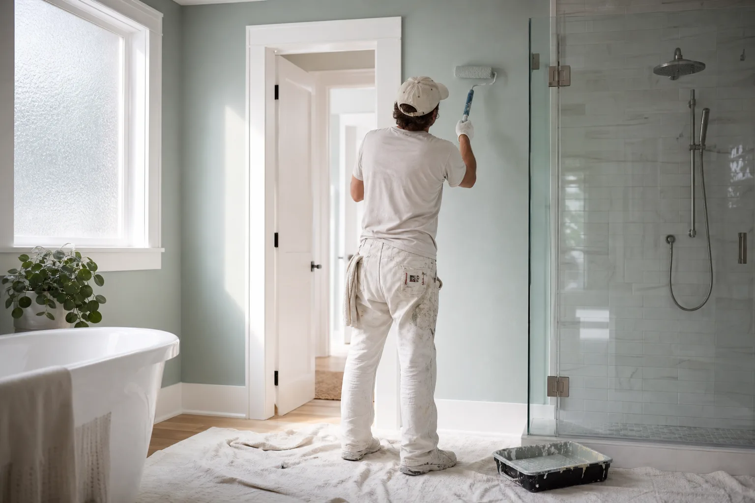 Painter applying a moisture-resistant satin sheen to a bathroom wall next to a tiled shower in a humid coastal home