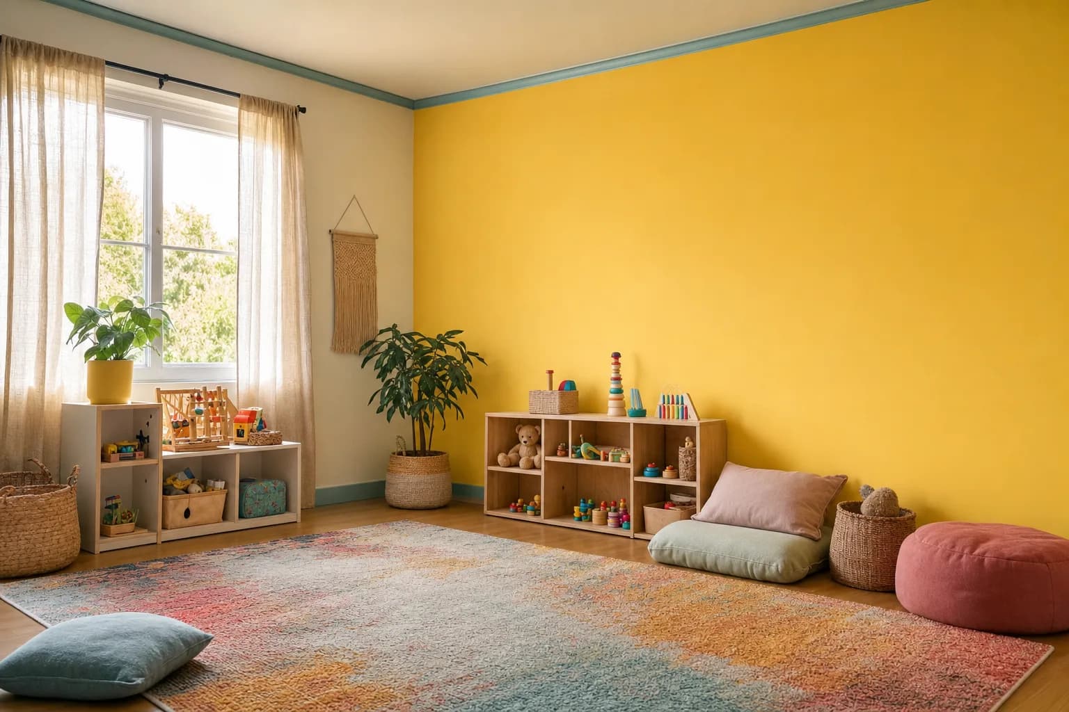 Cheerful kids' playroom with bright accent walls and tidy toy storage