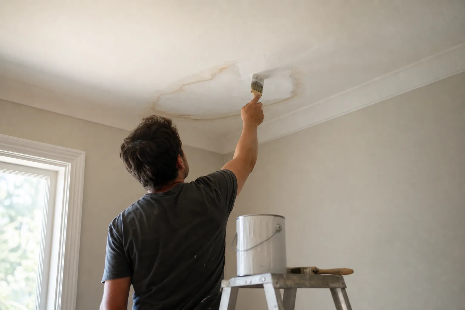 Brushing stain-blocking primer over a brown water-stain ring on an interior wall before painting