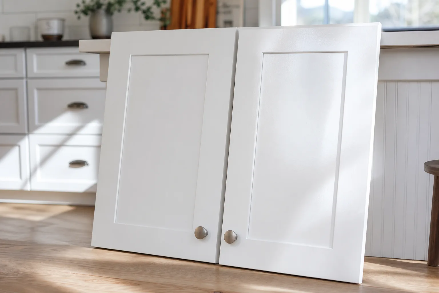 Two painted white kitchen cabinet doors side by side showing the difference between a satin and a semi-gloss sheen