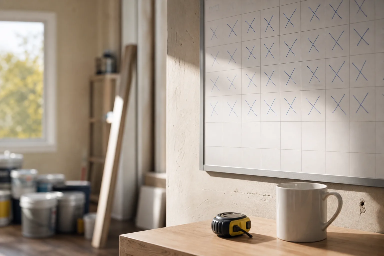 A painting crew's schedule calendar with booked weeks marked, illustrating the best time to book a painter and avoid the busy season