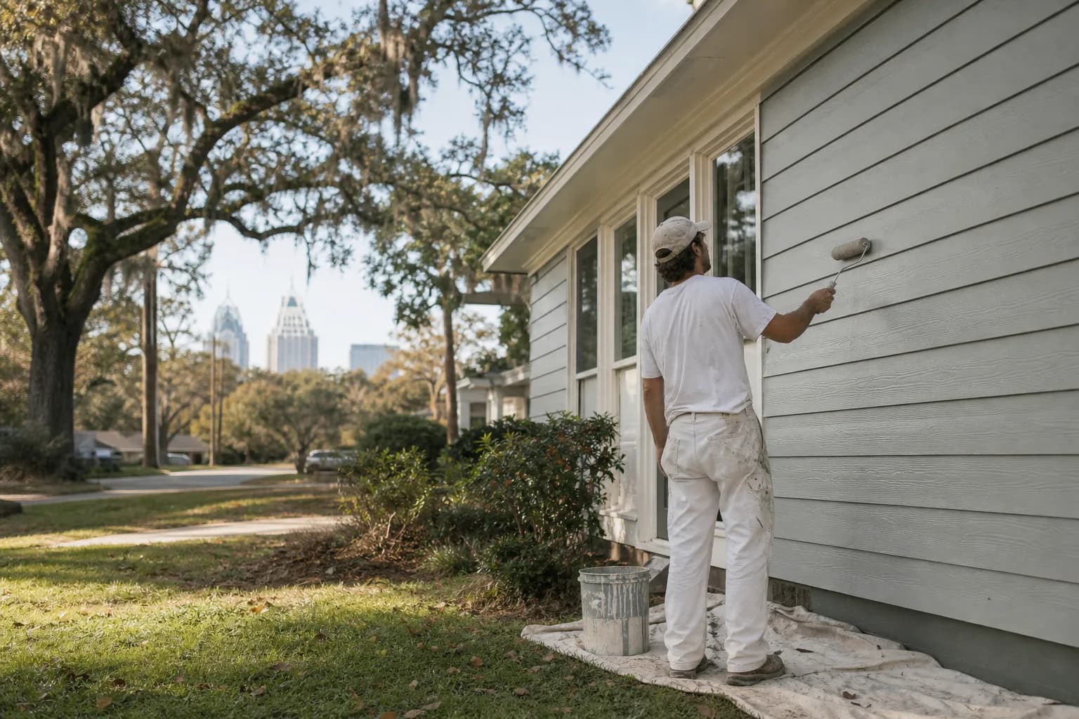Painter repainting a Mobile, AL home exterior during the fall, the best time to paint in this climate