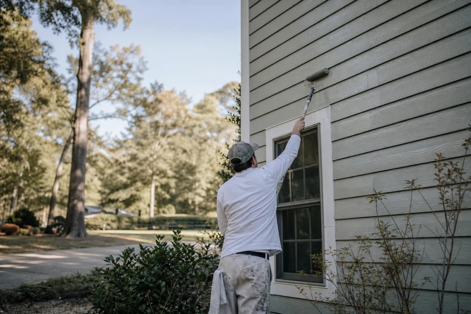 Painter rolling fresh exterior paint on a Spanish Fort home under clear fall Gulf Coast light