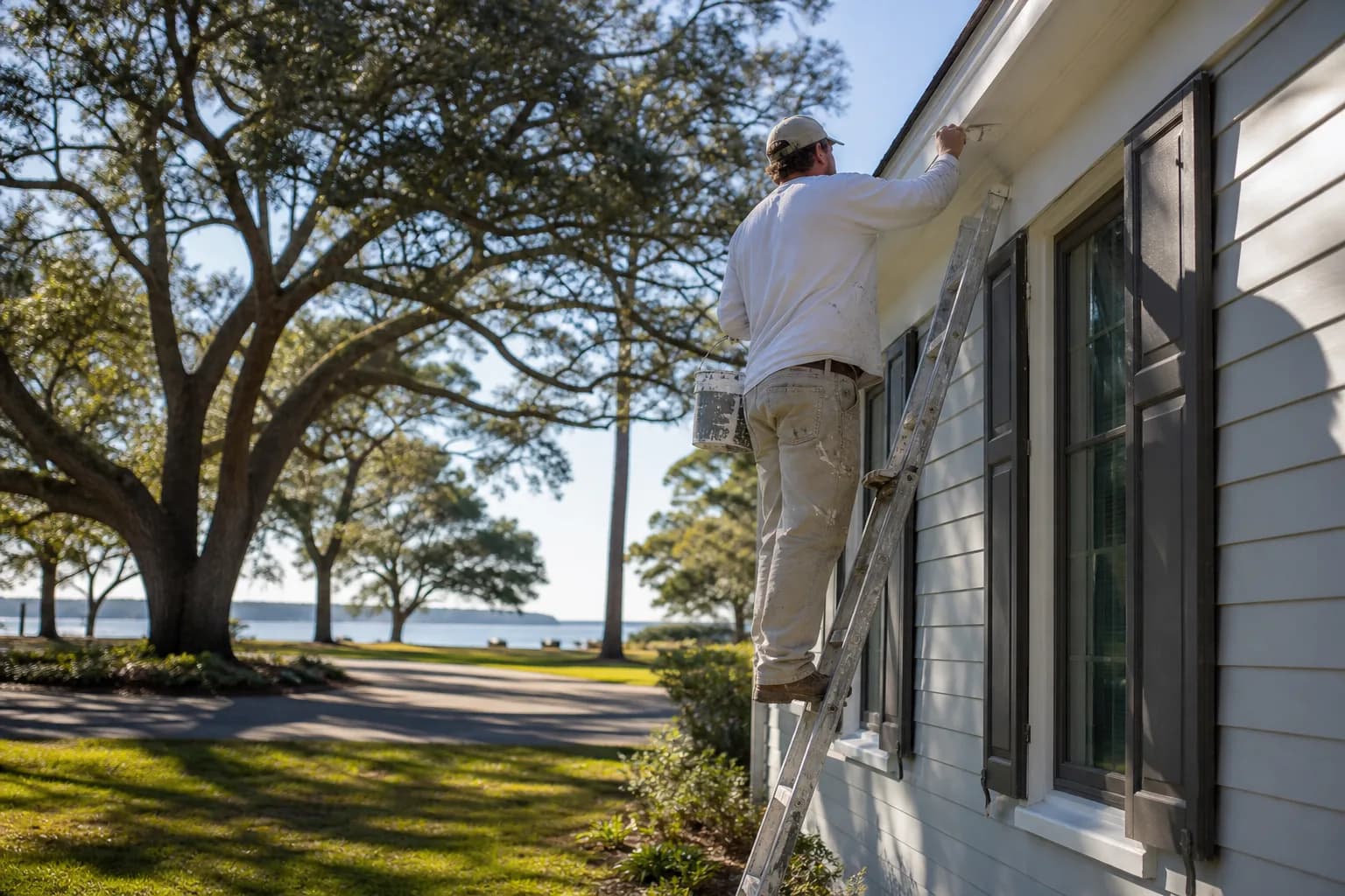 Painter applying exterior trim during the best time to paint a house exterior on the Gulf Coast
