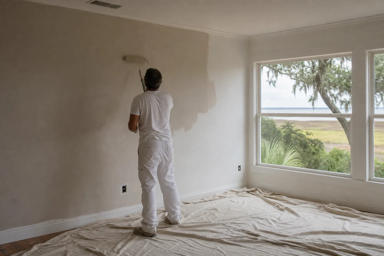Painter working inside a climate-controlled Gulf Coast home, where interior painting runs year-round