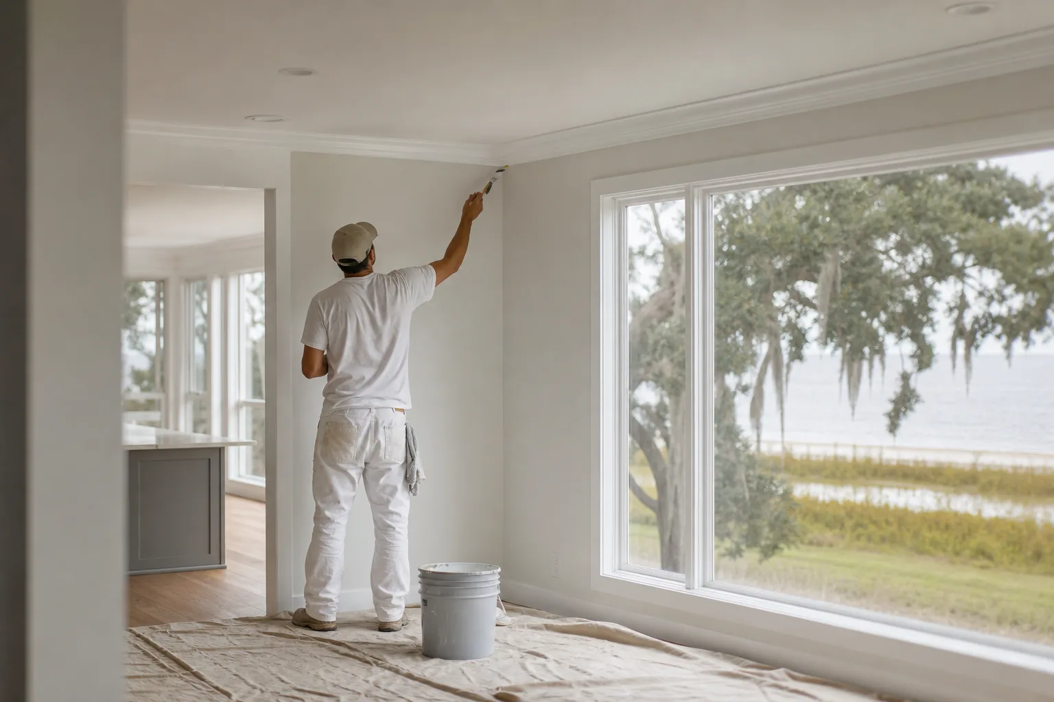 Painter working inside a Spanish Fort home, where interior painting can be scheduled year-round