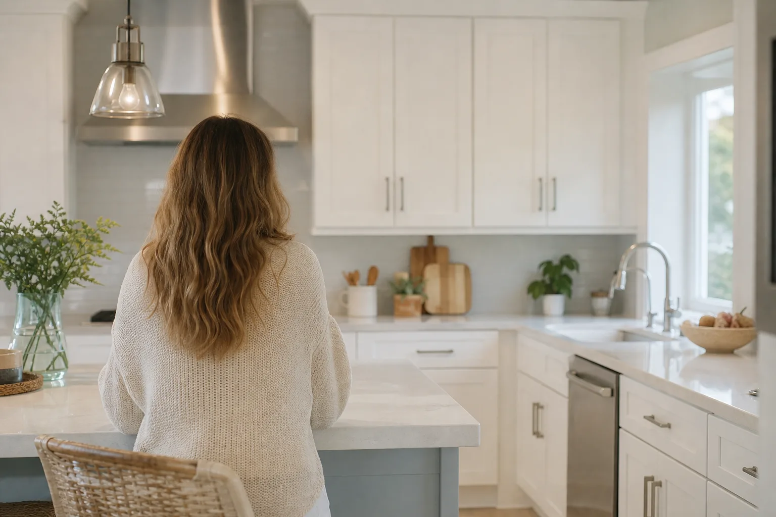 Warm white painted shaker kitchen cabinets in a bright coastal kitchen with quartz counters and natural daylight