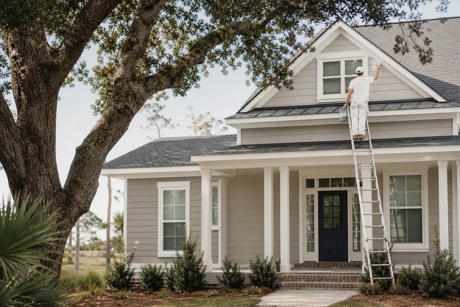 Gulf-Coast home painted with the three-color exterior rule: greige body, white trim, and a navy accent door