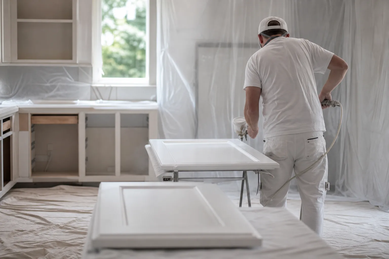 Wall-mounted cabinet bases being painted a smooth white finish in the kitchen with the doors removed, illustrating the cabinet painting versus replacing decision