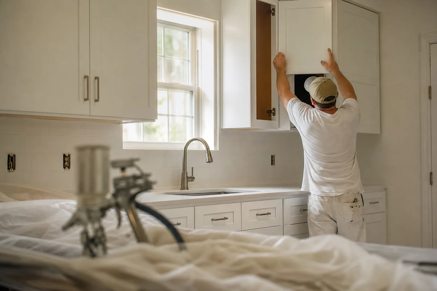 Freshly refinished white Shaker kitchen cabinets with a smooth satin finish in a Mobile, AL home, illustrating cabinet refinishing cost