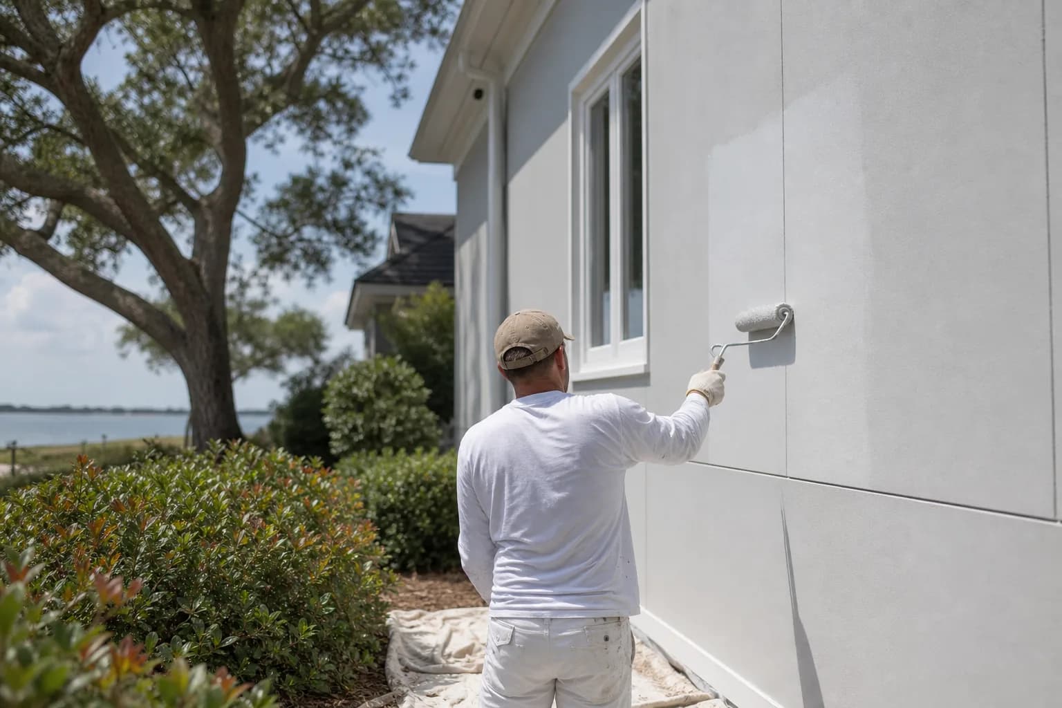 Painter rolling a breathable finish onto a synthetic stucco EIFS exterior wall on a coastal Alabama home, showing that EIFS can be repainted