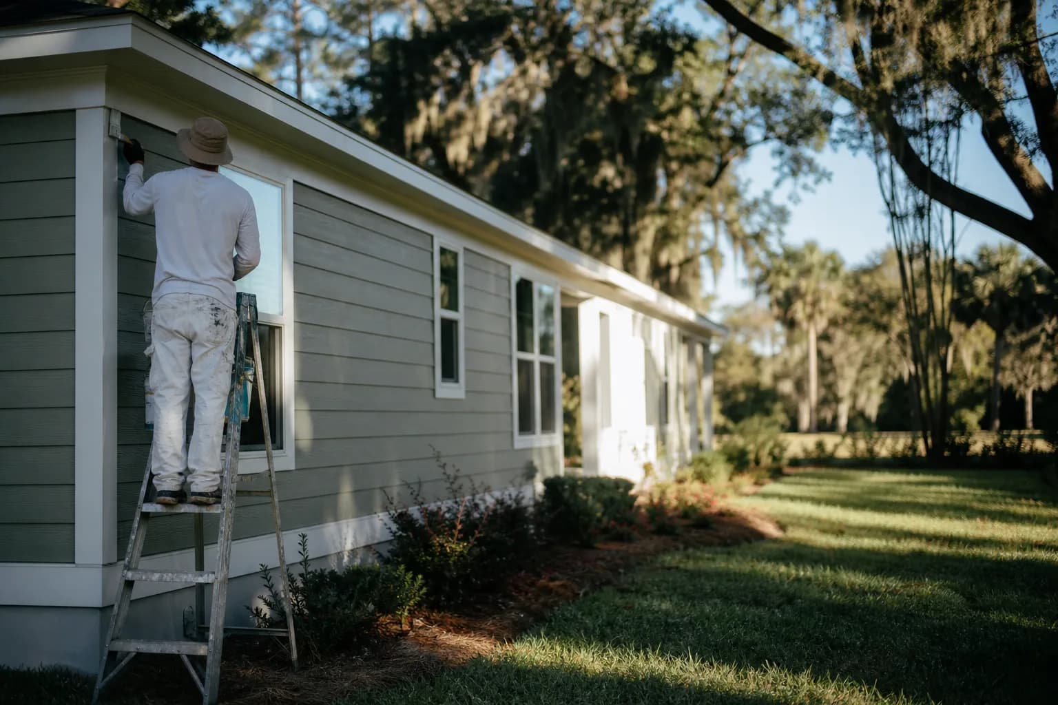 Painter working the shaded side of a Gulf Coast home in early-morning summer light to avoid heat