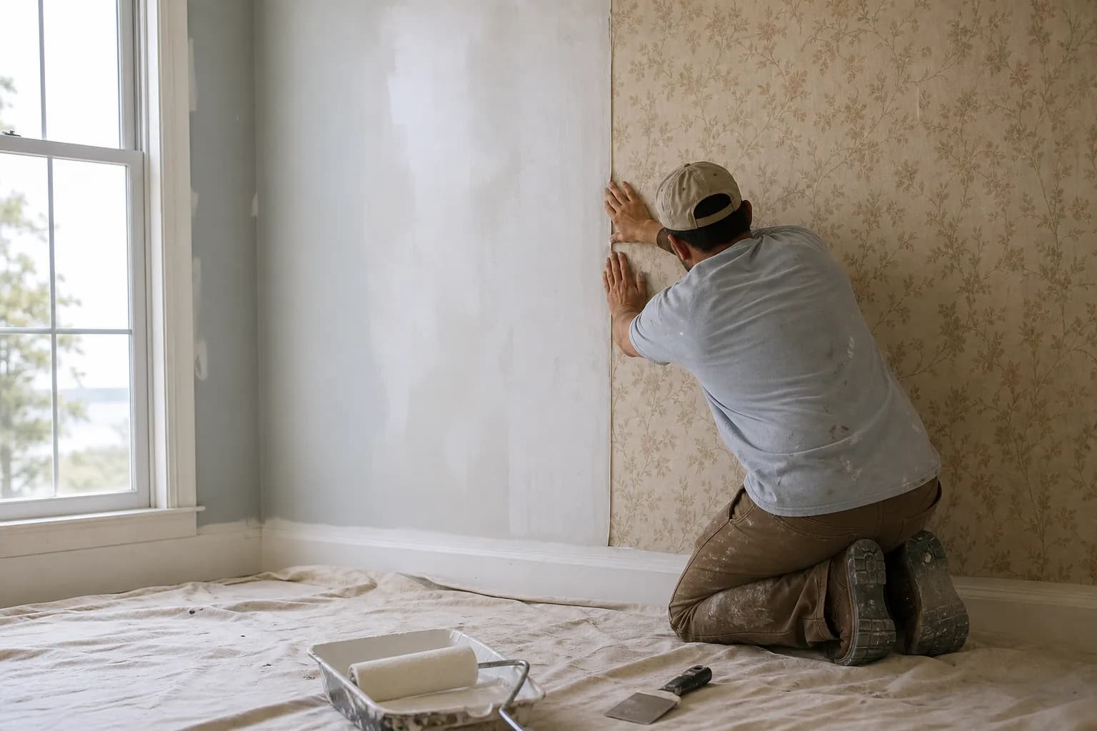 Painter checking a wallpaper seam before deciding whether to paint over the wallpaper or remove it first