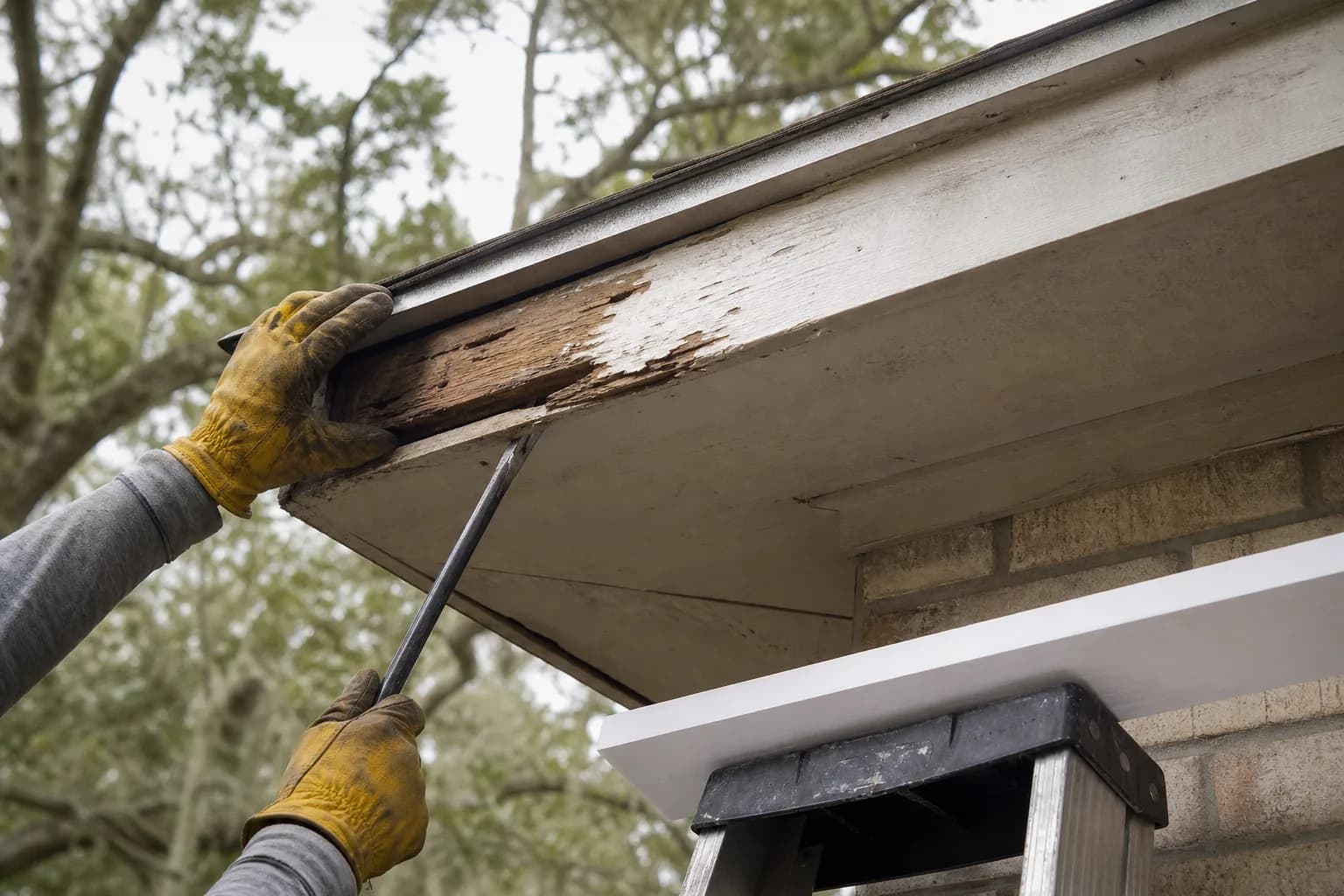 Carpentry as paint prep — repairing rotted fascia board on a Gulf Coast home before exterior painting