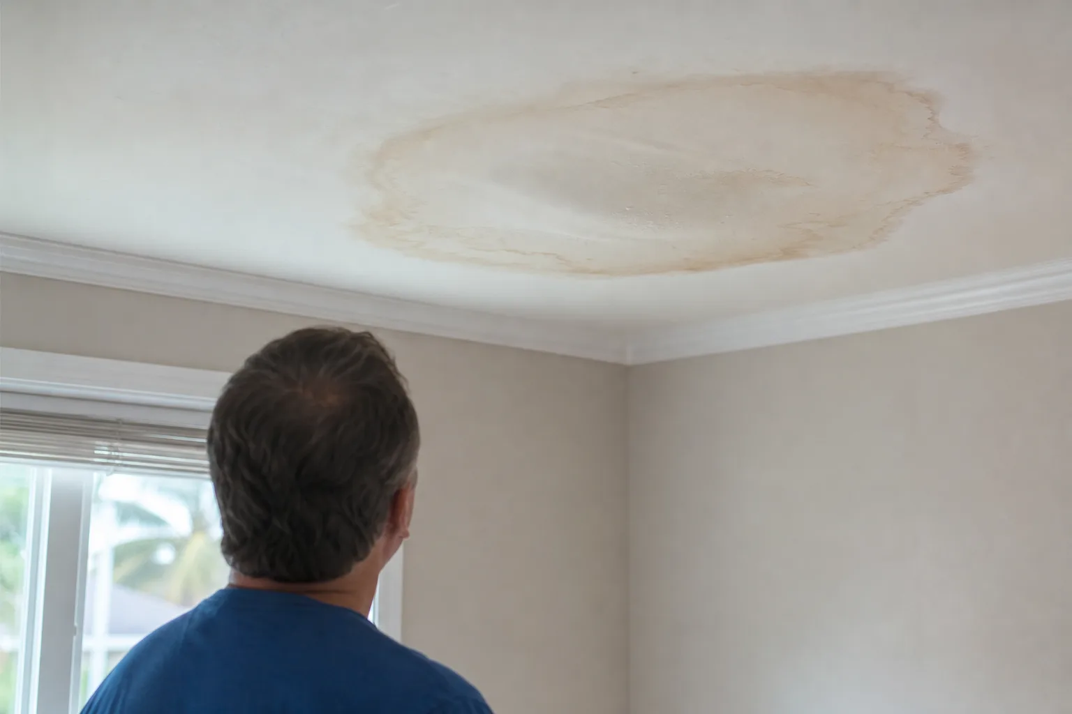 Brown water stain spreading on a white interior ceiling in a Gulf Coast home, illustrating ceiling water stain causes and fixes