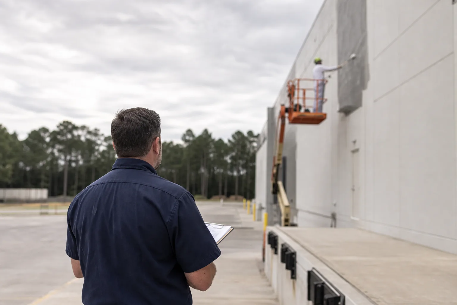 Facility manager reviewing paperwork while a commercial painter works in the background, illustrating requiring a certificate of insurance before painting