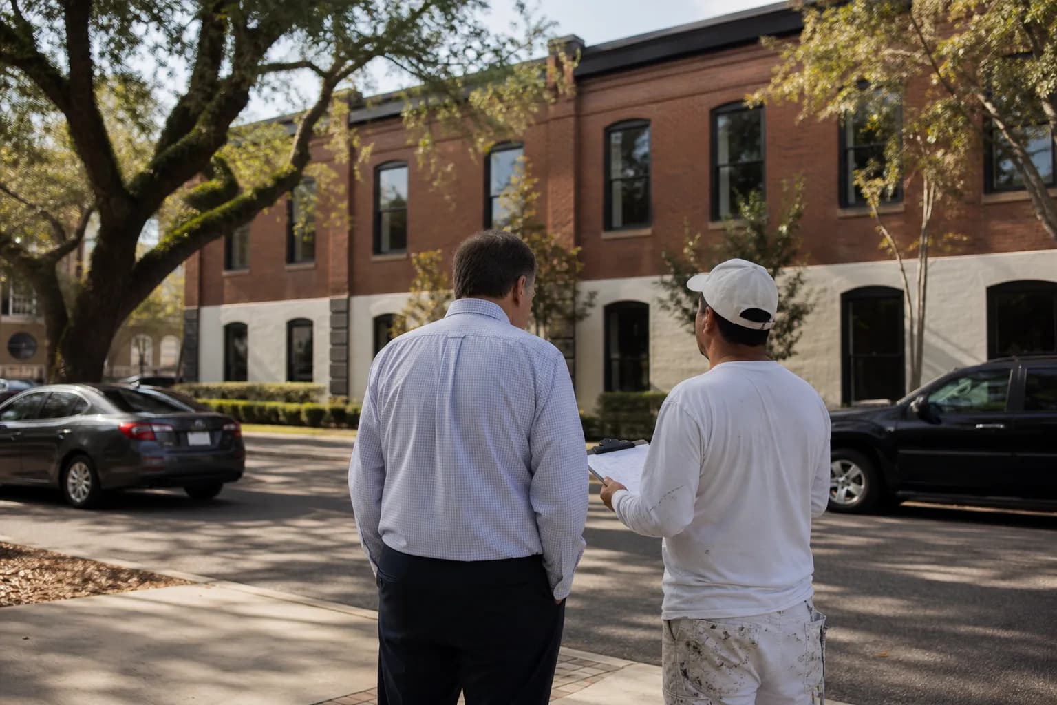 Owner and commercial painting contractor reviewing a project estimate outside a Mobile office building