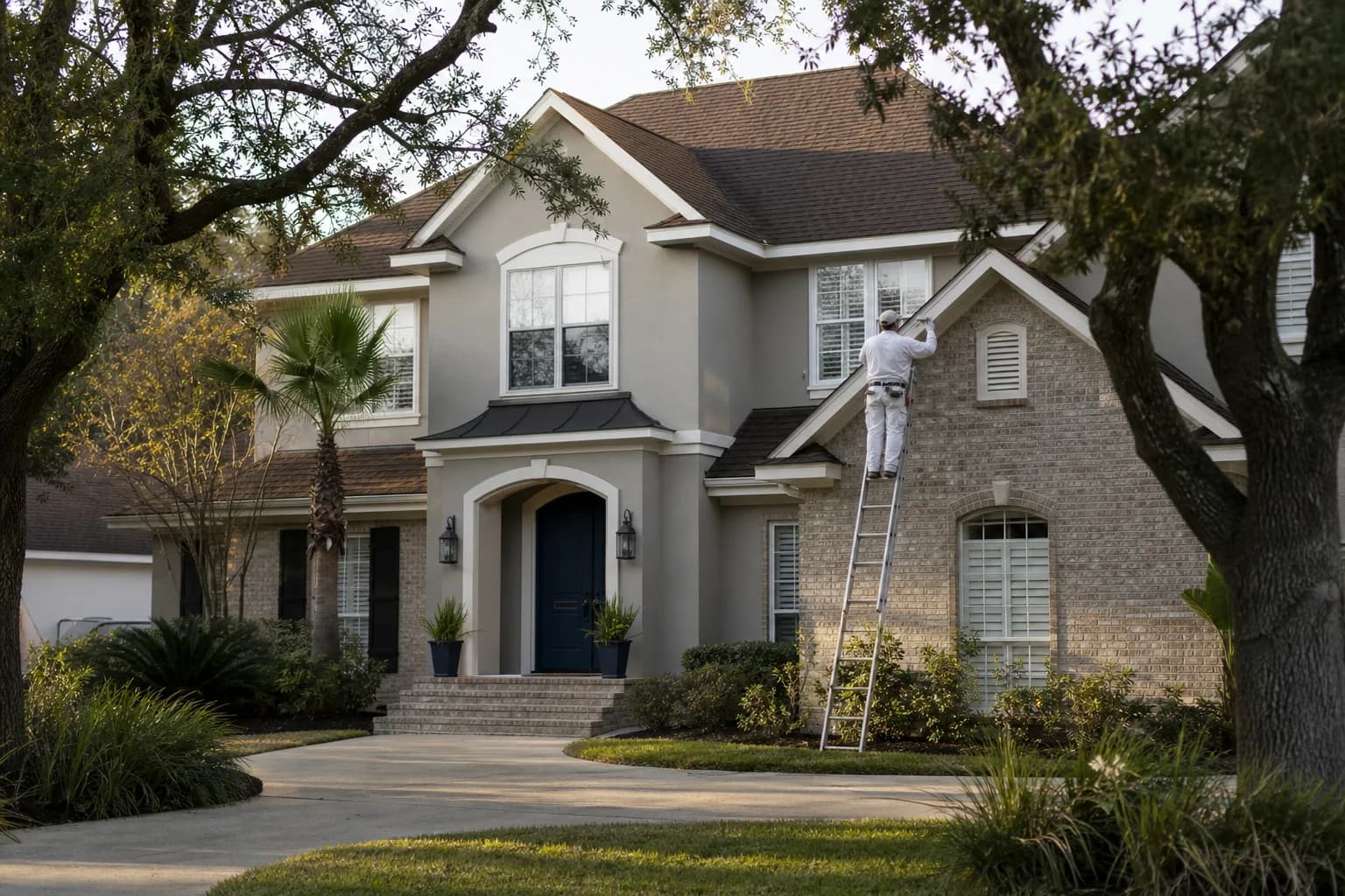 Gulf-Coast home with a coordinated exterior color scheme of greige body, white trim, and navy door tied to a brown roof and tan brick