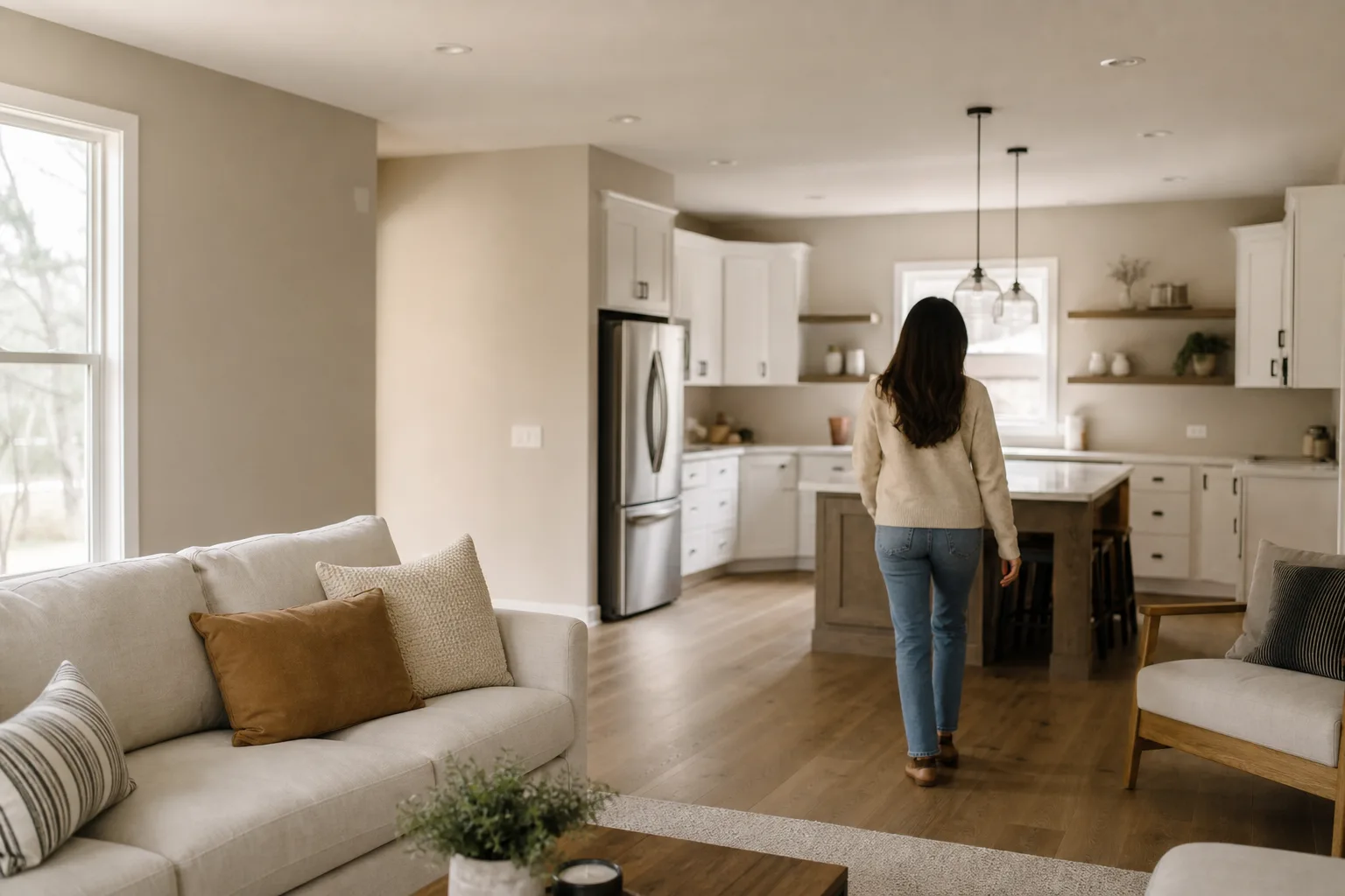 Open-plan living room and kitchen painted one warm neutral wall color throughout the home