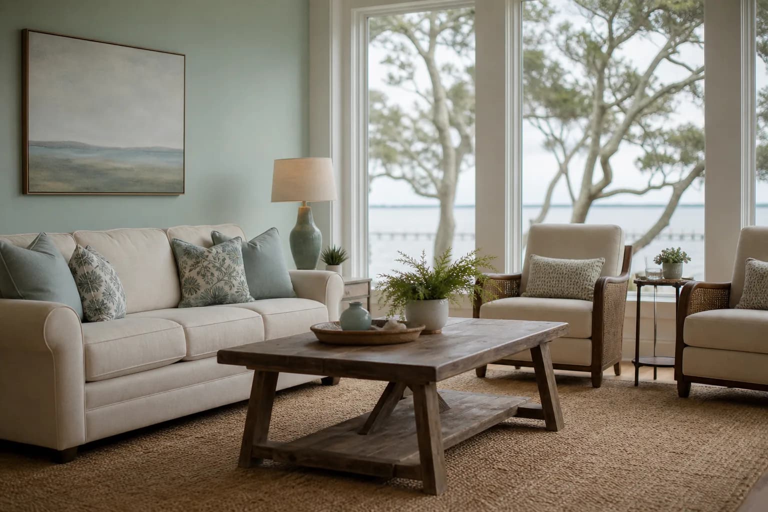 Coastal interior color palette of soft white walls and muted sea-glass blue-green in a sunlit Gulf Coast living room