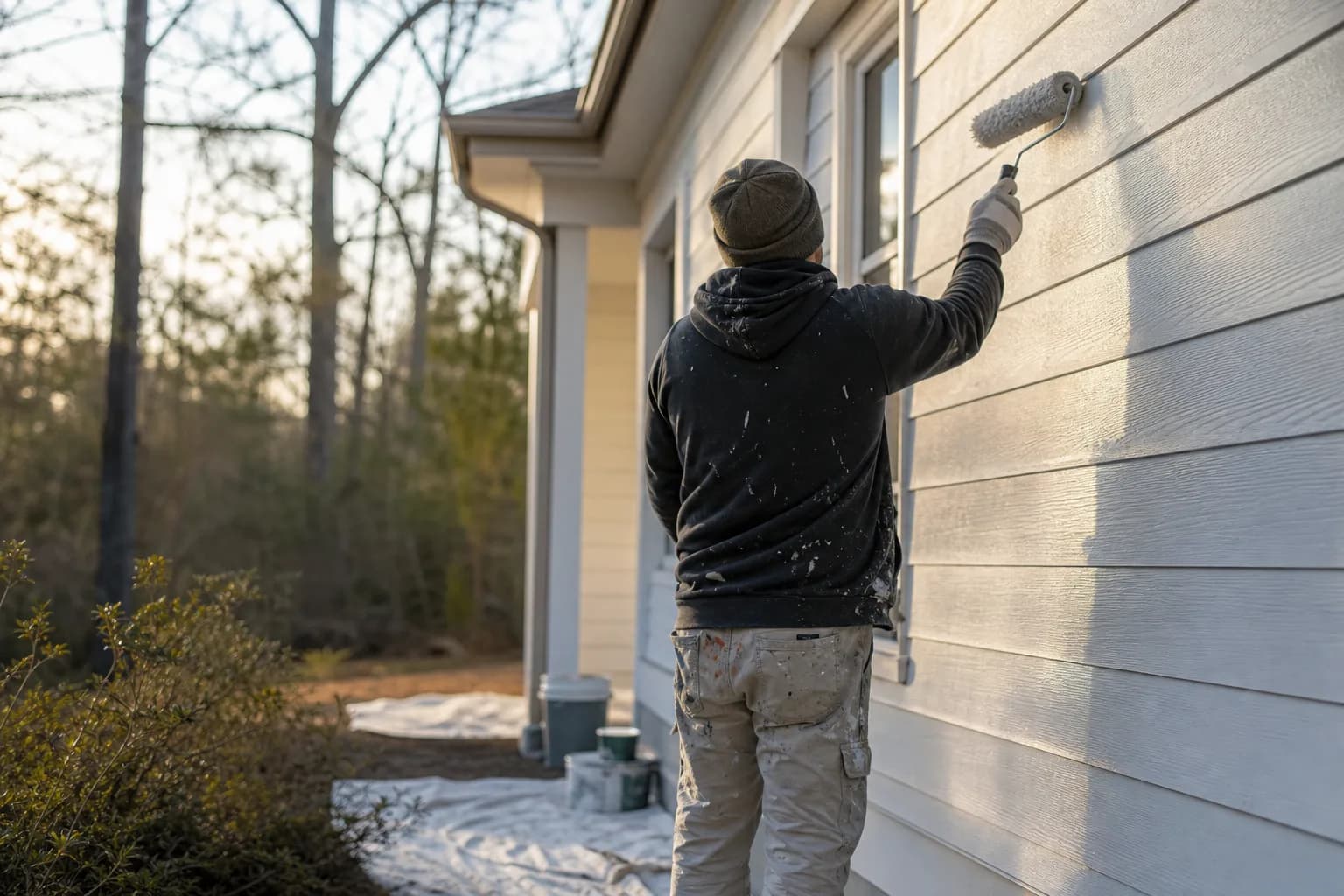 Painter applying exterior paint on a mild winter afternoon on the Gulf Coast, illustrating cold-weather painting and whether you can paint in winter
