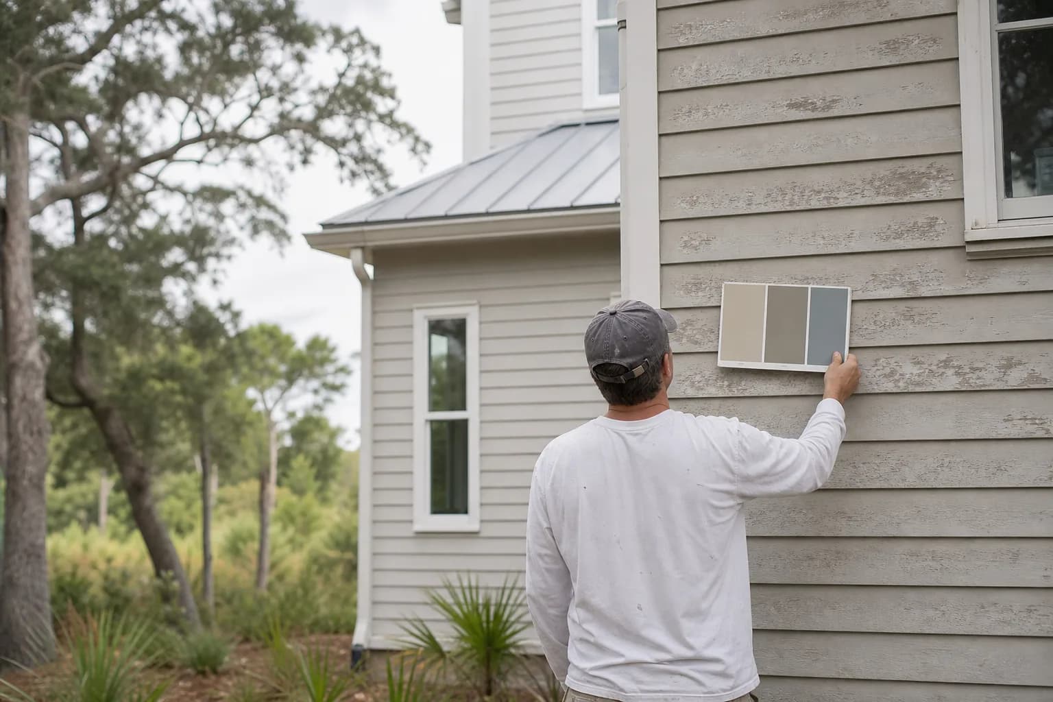 Color matching prefinished Hardie board by comparing paint samples against weathered fiber-cement siding on a coastal home