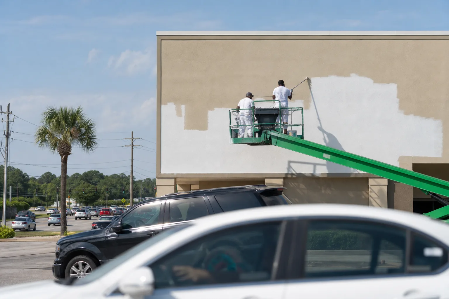 Commercial painters refinishing a high-visibility retail storefront facade along Airport Boulevard in west Mobile