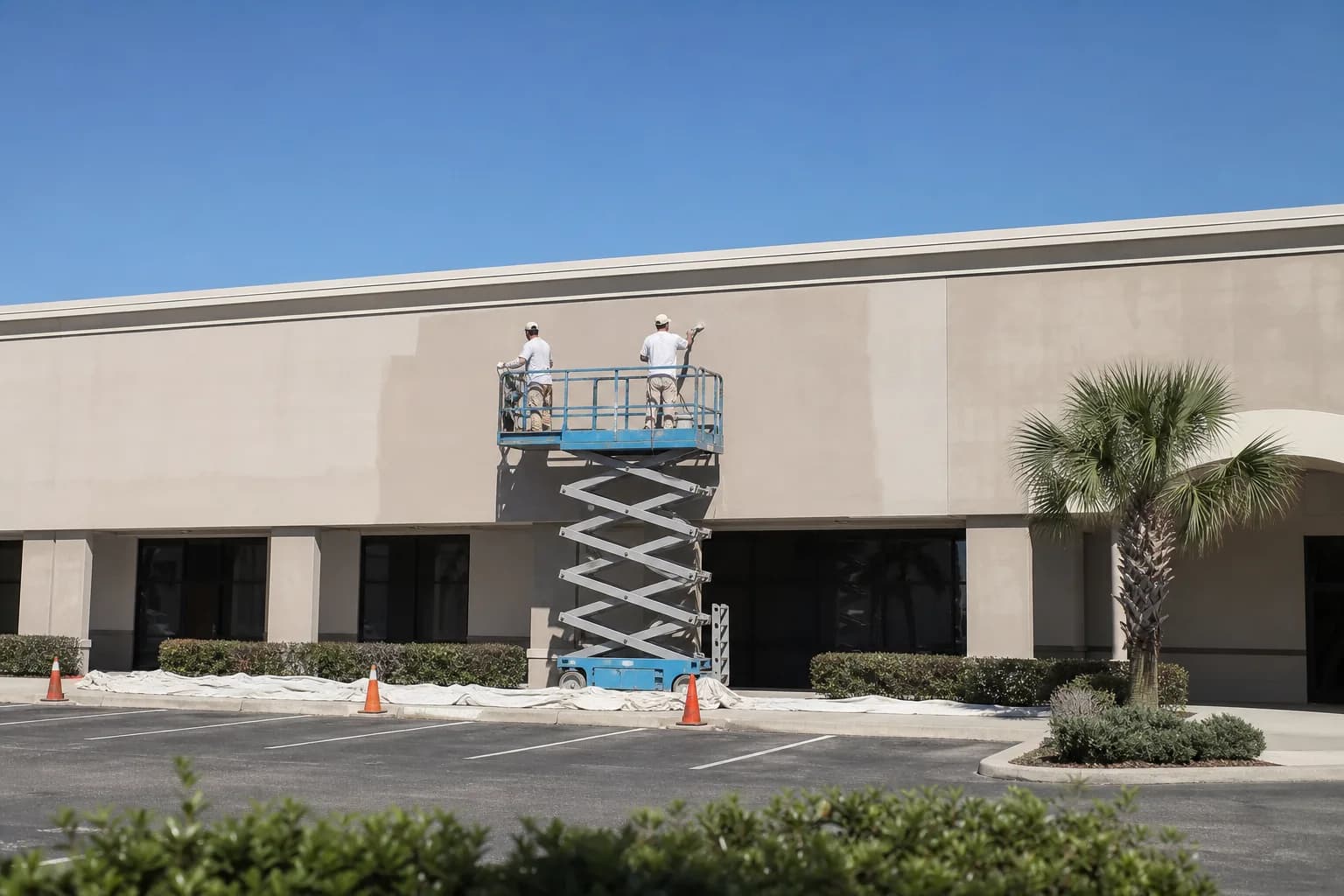 Commercial painters on a lift coating the exterior of a Gulf Coast retail building, illustrating cost-per-square-foot factors