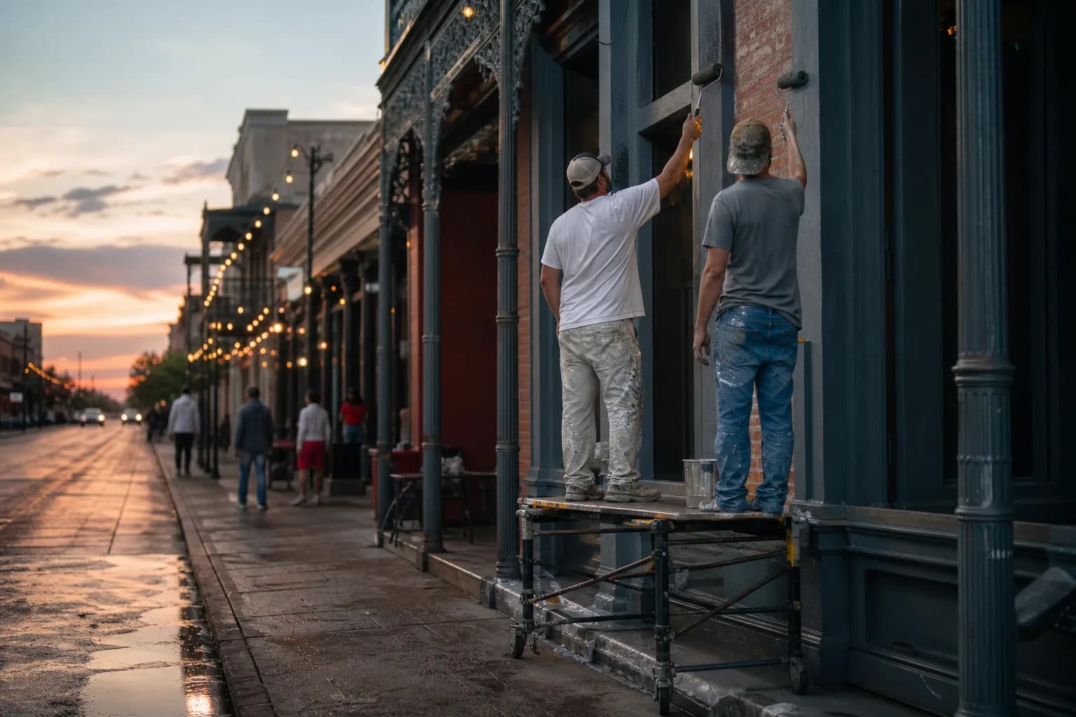 Commercial painters refinishing a historic bar facade on Dauphin Street in downtown Mobile at dusk
