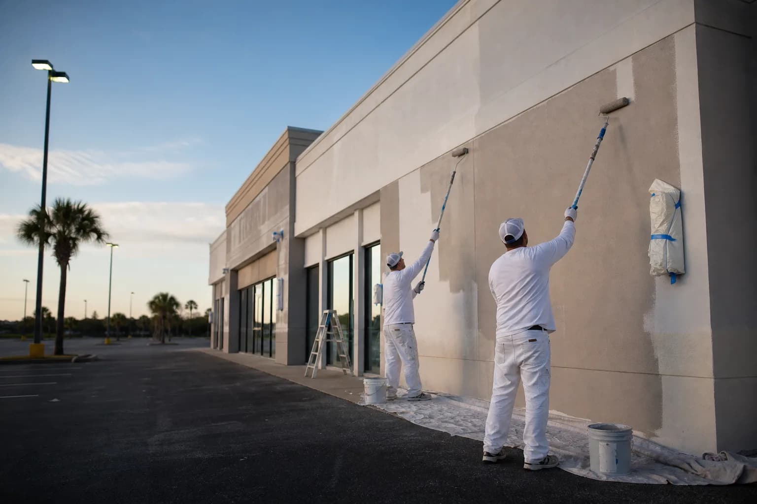 Commercial painters refreshing a Foley AL retail storefront exterior at dawn before opening