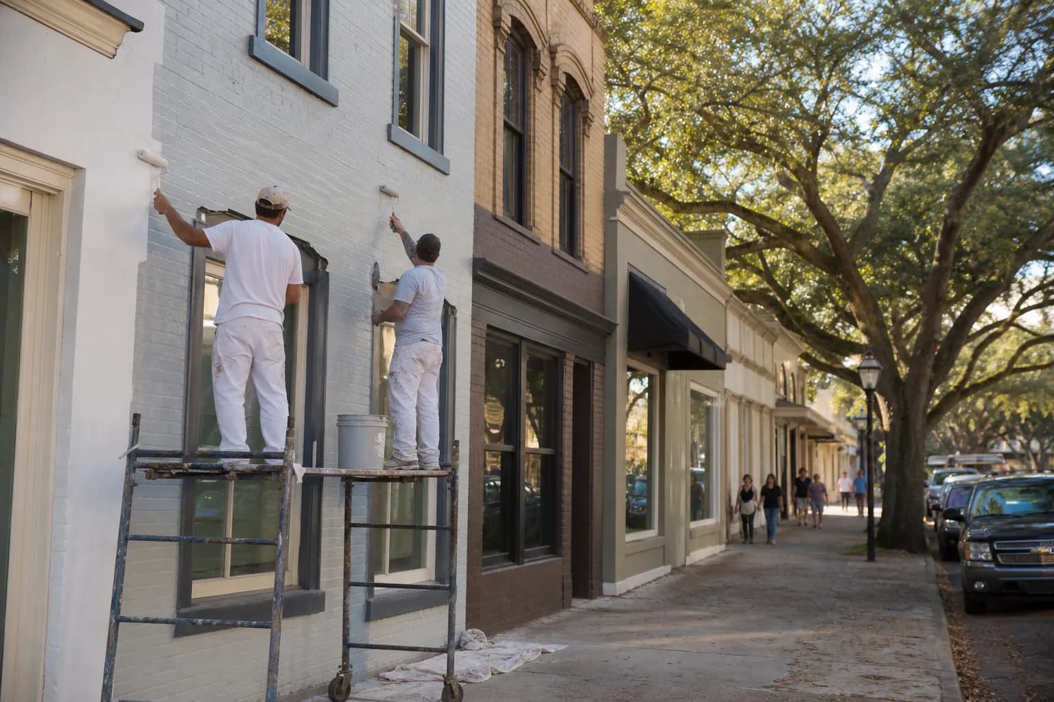 Commercial painters refinishing a historic storefront facade on Government Street in downtown Mobile