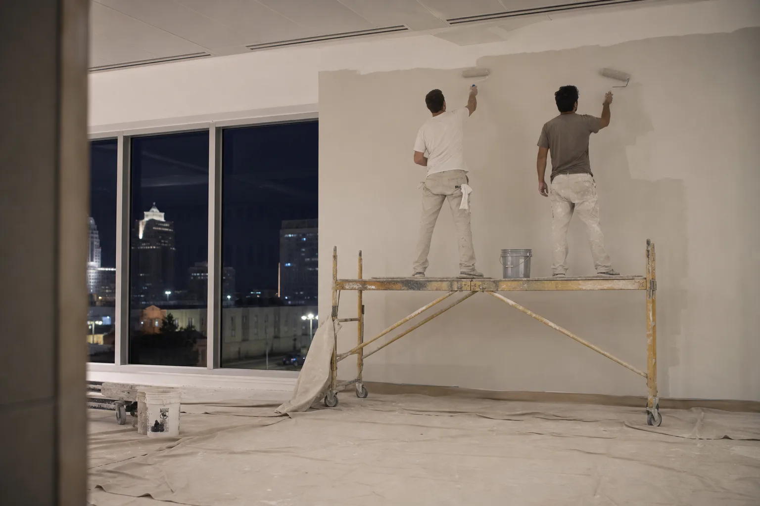 Commercial painters rolling fresh paint on an office wall after hours in Mobile, Alabama
