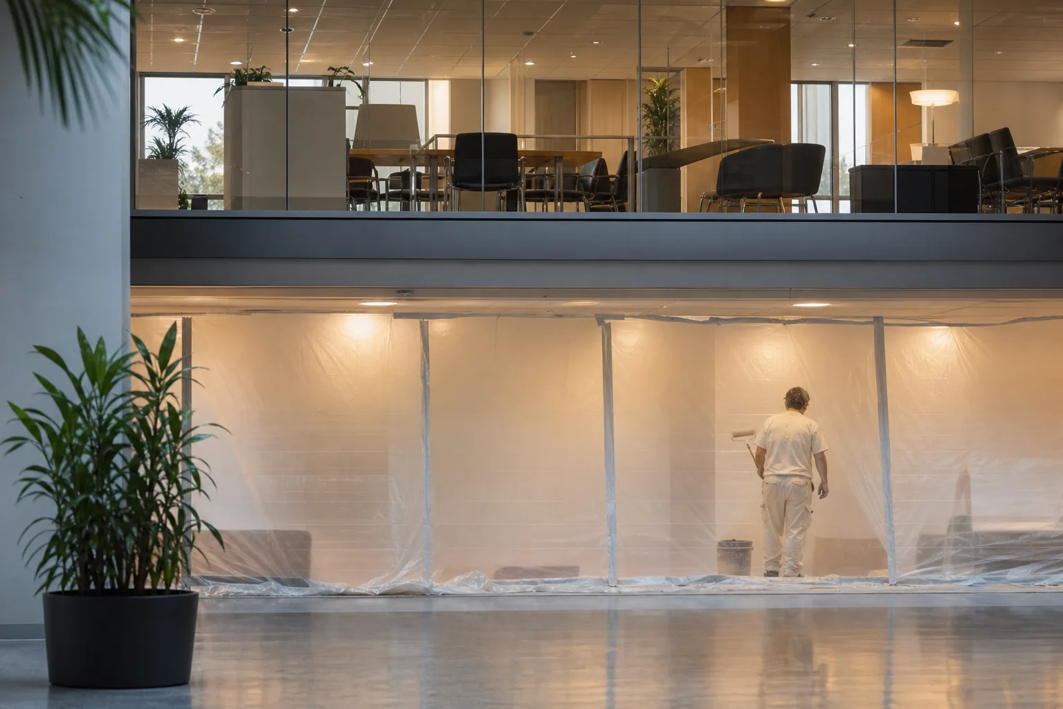 Commercial painting phasing: one floor of an office building sealed off and under paint while the floor above stays in normal use