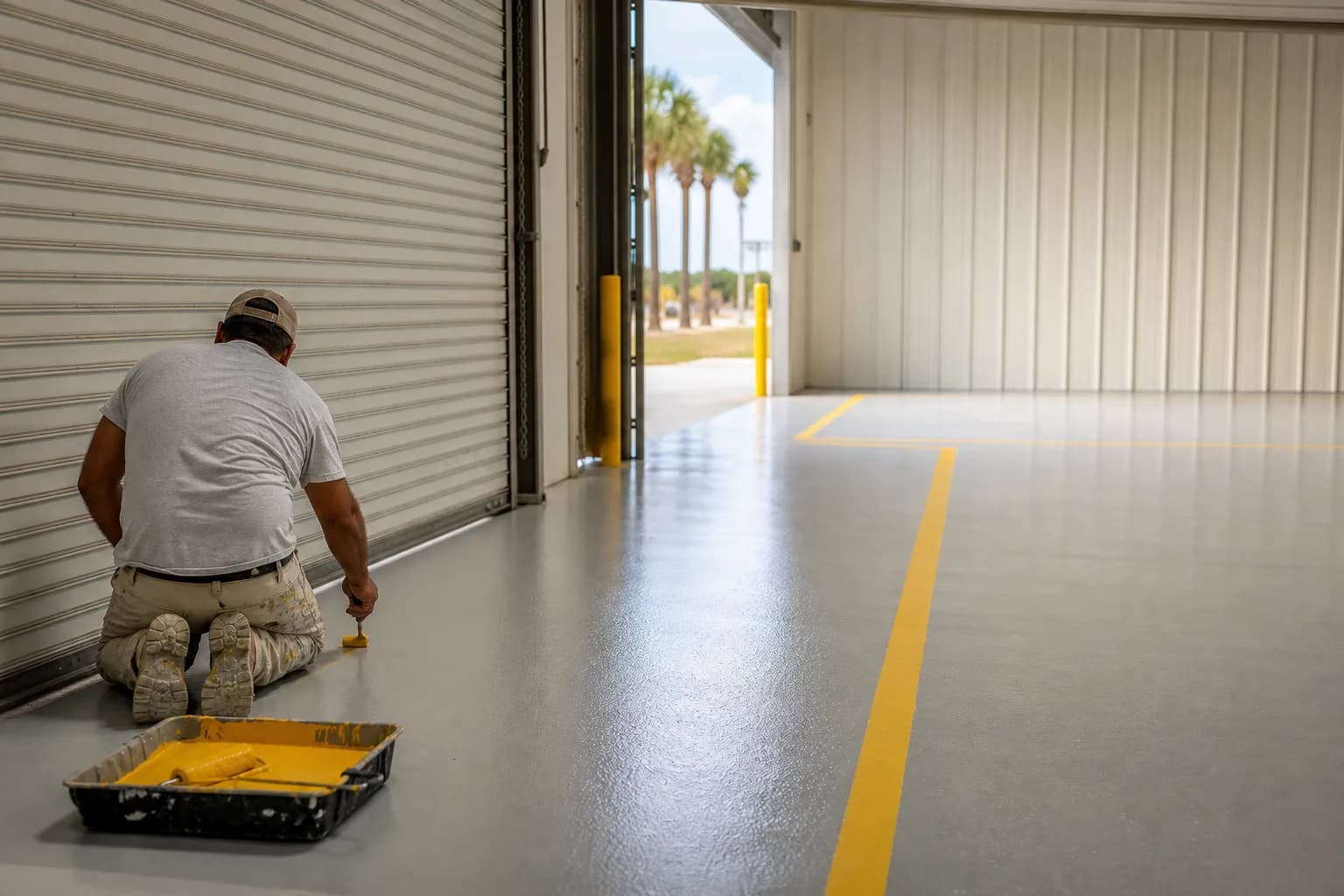 Freshly painted gray commercial shop floor with yellow safety striping near an open bay door